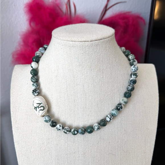 Artisan Moss Agate and Porcelain Beaded Necklace - Picture 4 of 8
